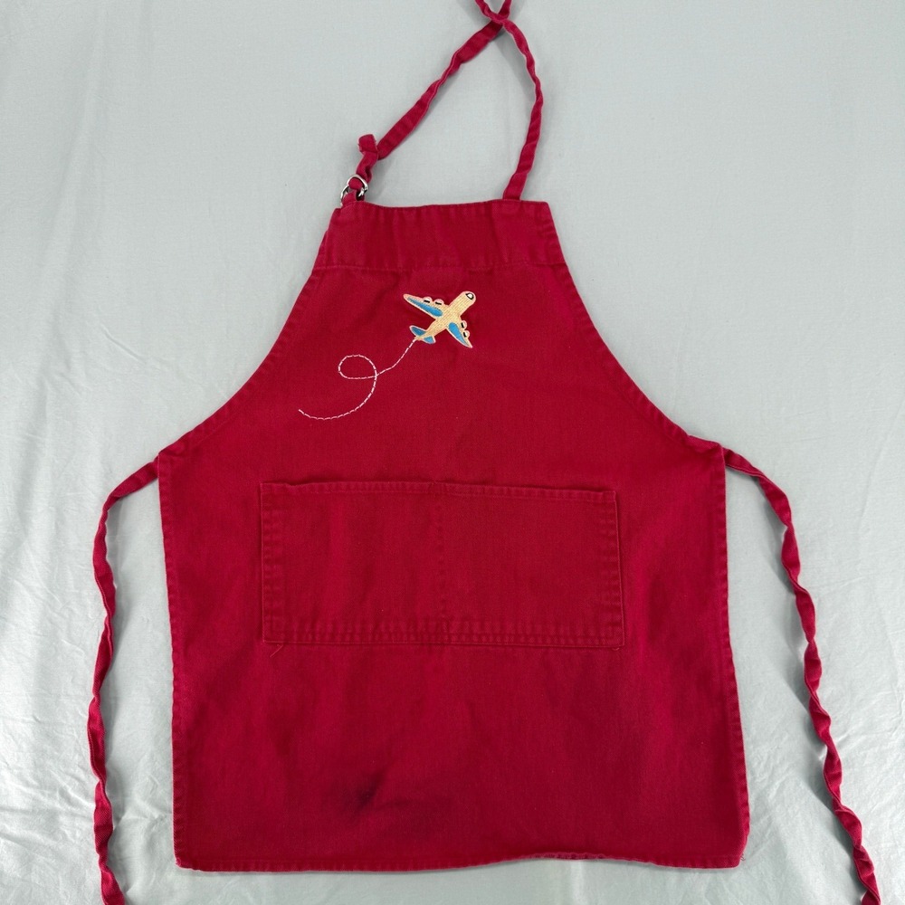 William Sonoma Red Cotton Youth Apron Embroidered Airplane Kids Bib Pocket
